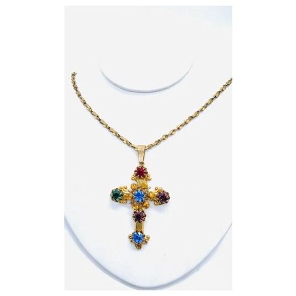 Miriam Haskell Vintage Jeweled Cross Pendant & Necklace Euc - Picture 1 of 8